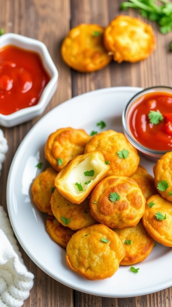 Crispy garlic herb cheese bites on a plate with marinara sauce, garnished with parsley.